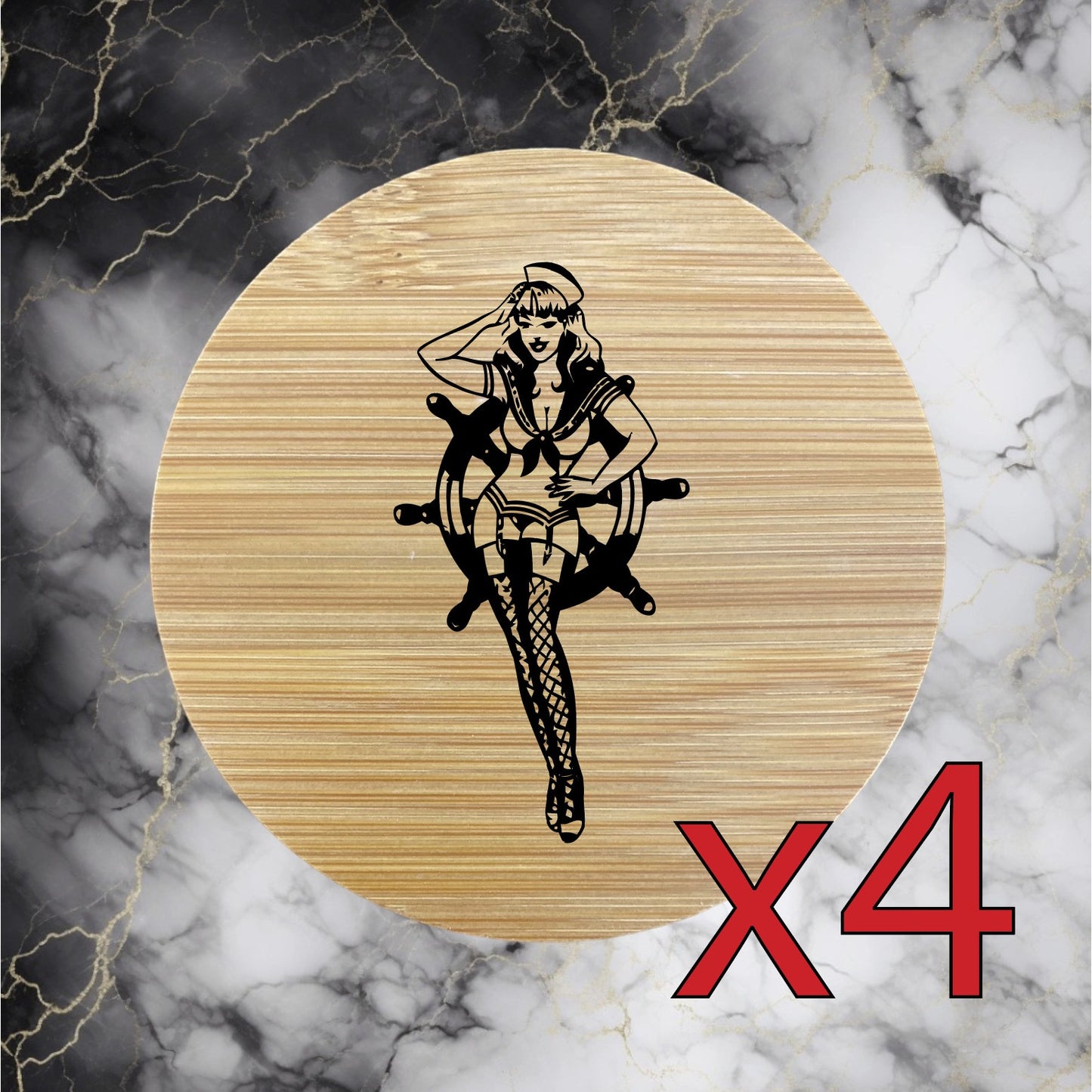 Sailor Girl x4 Bamboo Coasters Drink Natural Wood Home Decor Lounge Nautical NEW