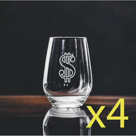 Dollar Sign Stemless Wine Glasses x4 Premium 15 Oz Personalize Money Cash NEW