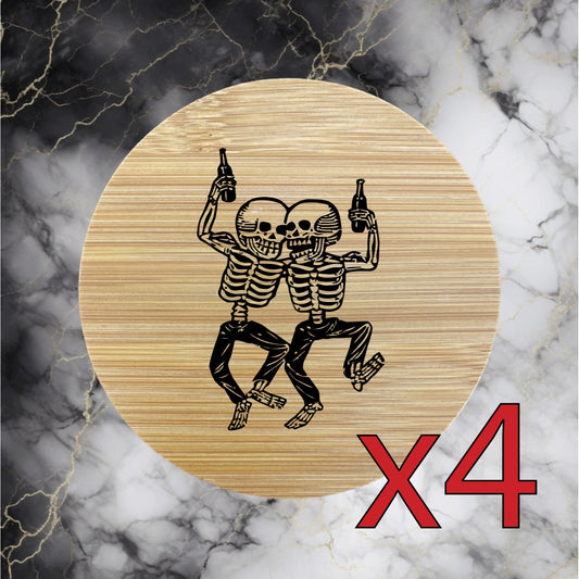 Drunk Skeletons x4 Bamboo Coasters Drink Natural Wood Home Decor Lounge Beer NEW