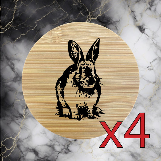 Rabbit x4 Bamboo Coasters Drink Natural Wood Home Decor Lounge Hare Animal NEW