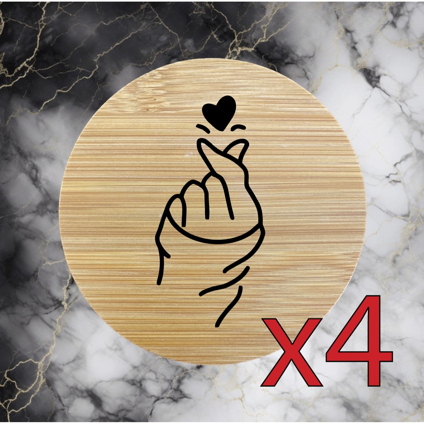 Heart Hand Cute x4 Bamboo Coasters Drink Natural Wood Home Decor Lounge NEW