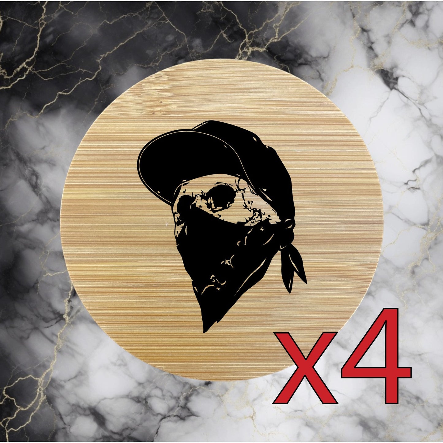 Skull Snapback x4 Bamboo Coasters Drink Natural Wood Home Decor Lounge Bones NEW