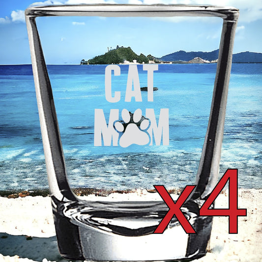 Cat Mom x4 Shot Glasses Spirit Liquor Party 2 Oz Premium Customize Pet Paw NEW