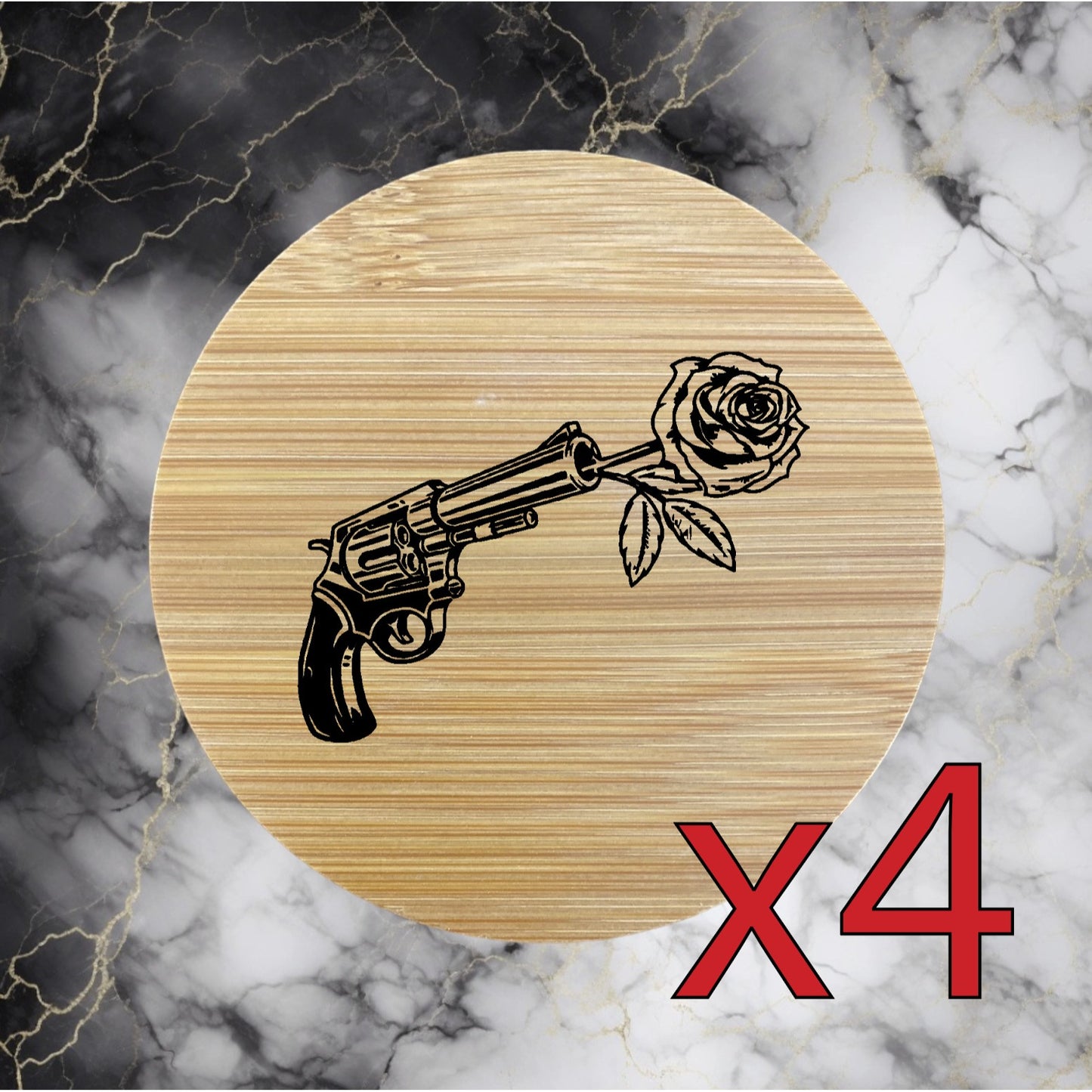 Rose Revolver x4 Bamboo Coasters Drink Natural Wood Home Decor Lounge Floral NEW