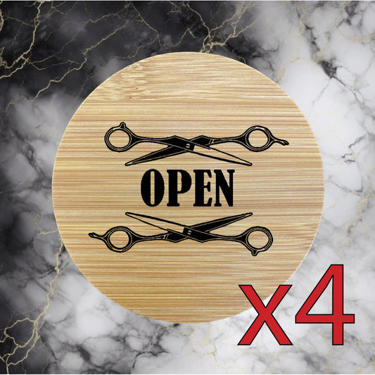 Barber Open x4 Bamboo Coasters Drink Natural Wood Home Decor Lounge Clippers NEW