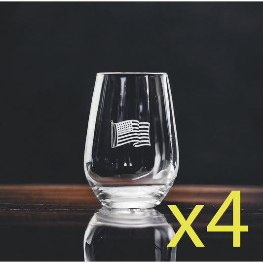 American Flag Stemless Wine Glasses x4 Premium 15 Oz Personalize Waving USA NEW