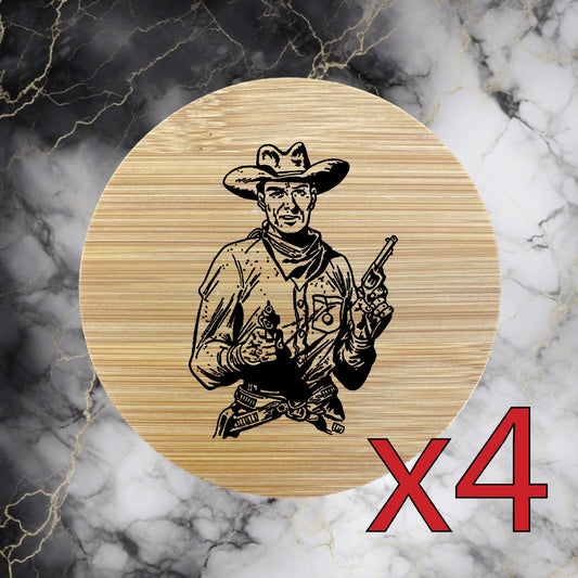 Cowboy x4 Bamboo Coasters Drink Natural Wood Home Decor Lounge Retro Vintage NEW