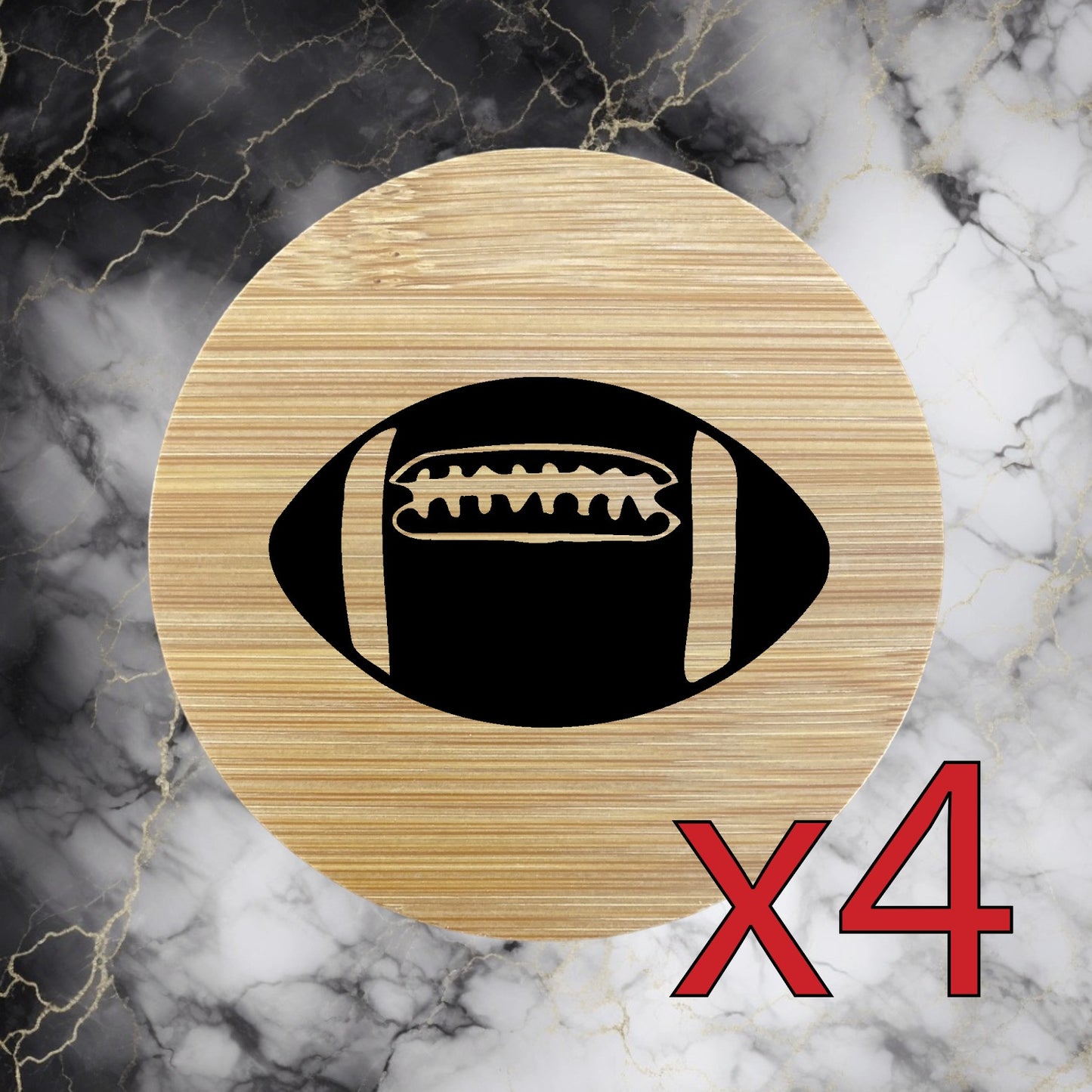 Football x4 Bamboo Coasters Drink Natural Wood Home Decor Lounge Sport Game NEW