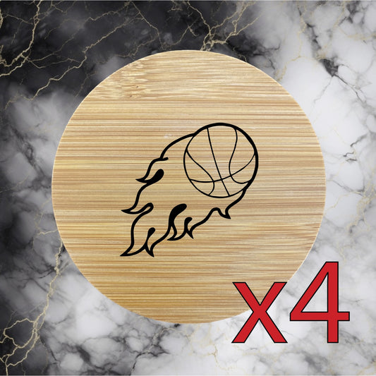 Basketball x4 Bamboo Coasters Drink Natural Wood Home Decor Fire Sport Game NEW