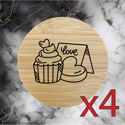 Love Cupcake x4 Bamboo Coasters Drink Natural Wood Home Decor Lounge Heart NEW