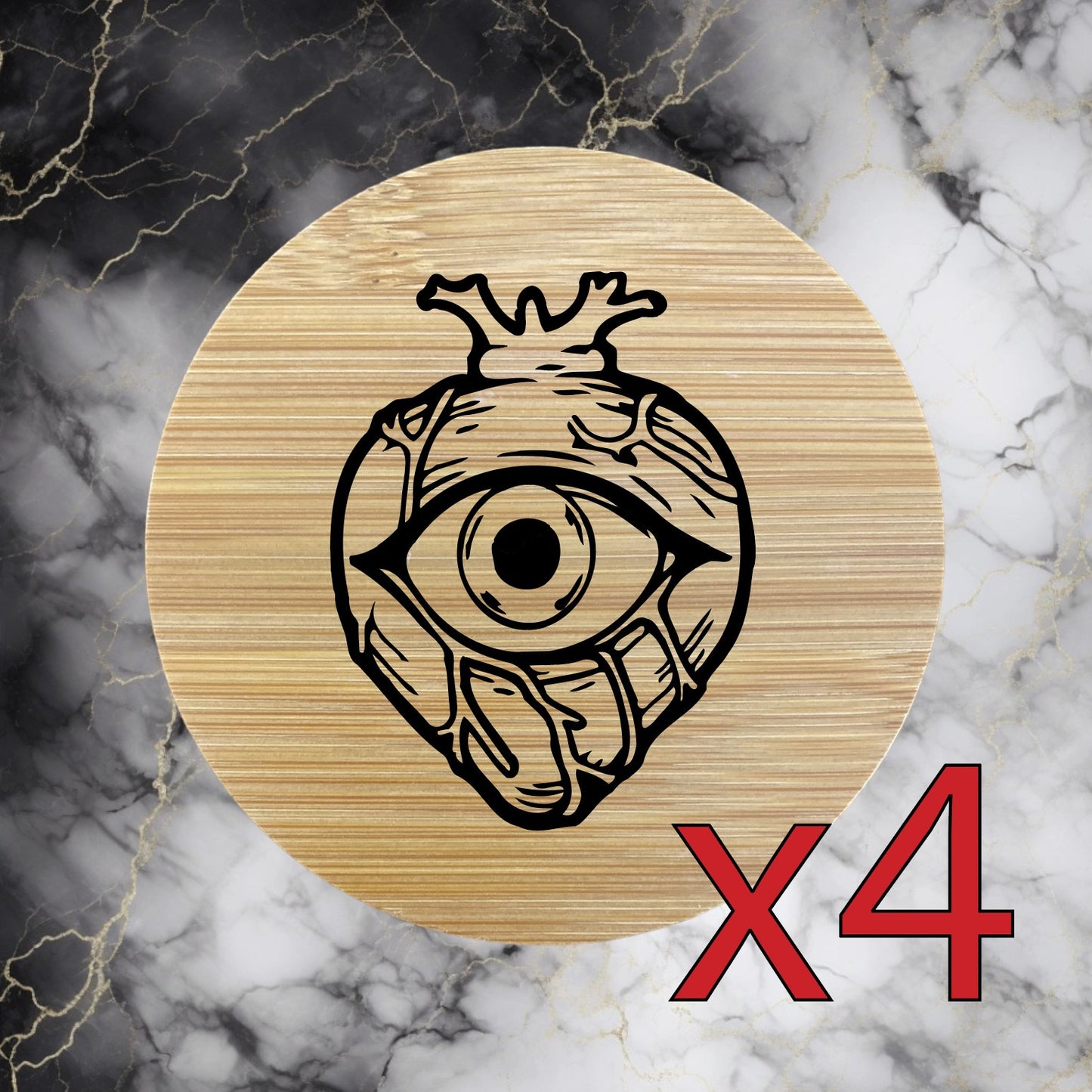 Heart Eye x4 Bamboo Coasters Drink Natural Wood Home Decor Lounge Love NEW