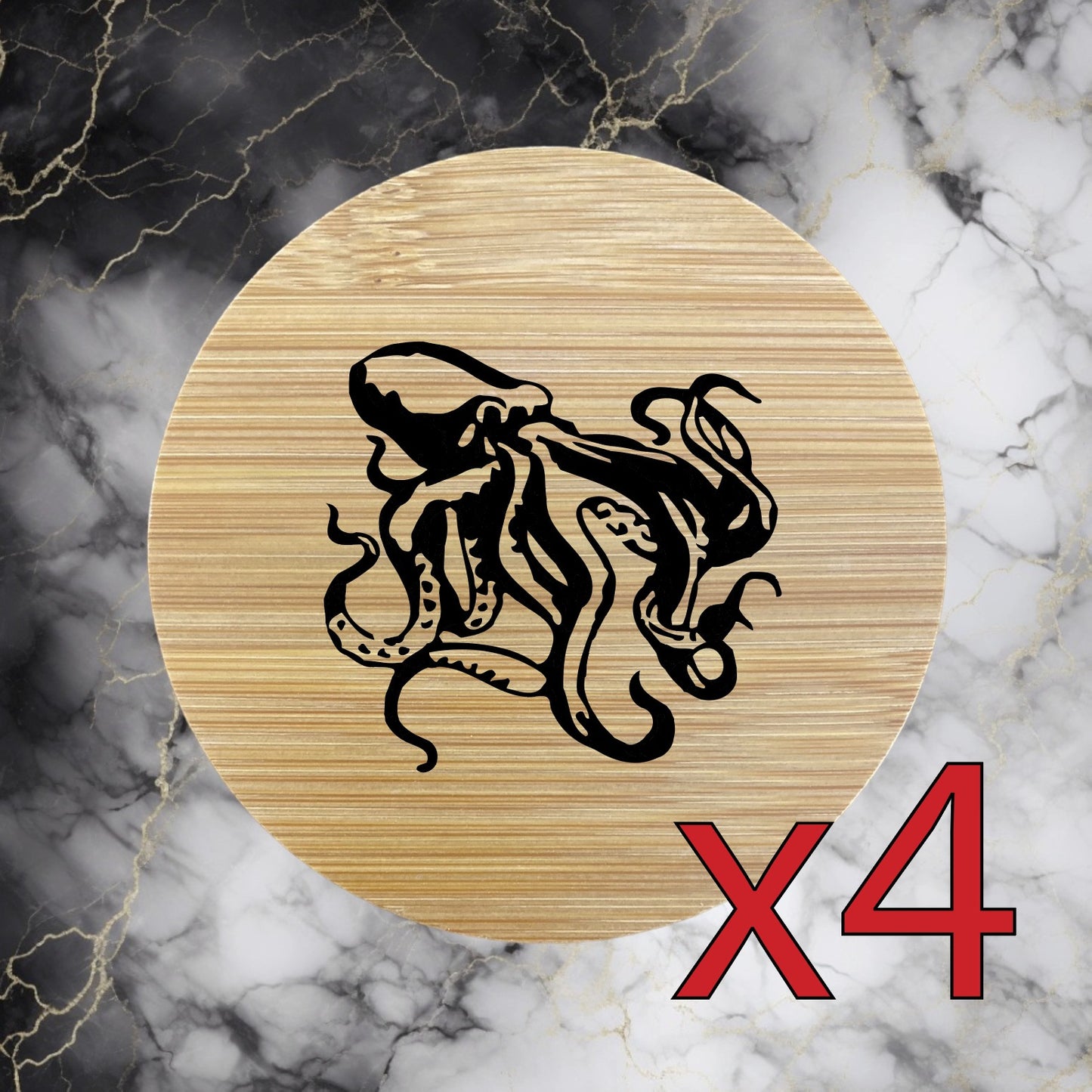 Octopus x4 Bamboo Coasters Drink Natural Wood Home Decor Lounge Animal Ocean NEW