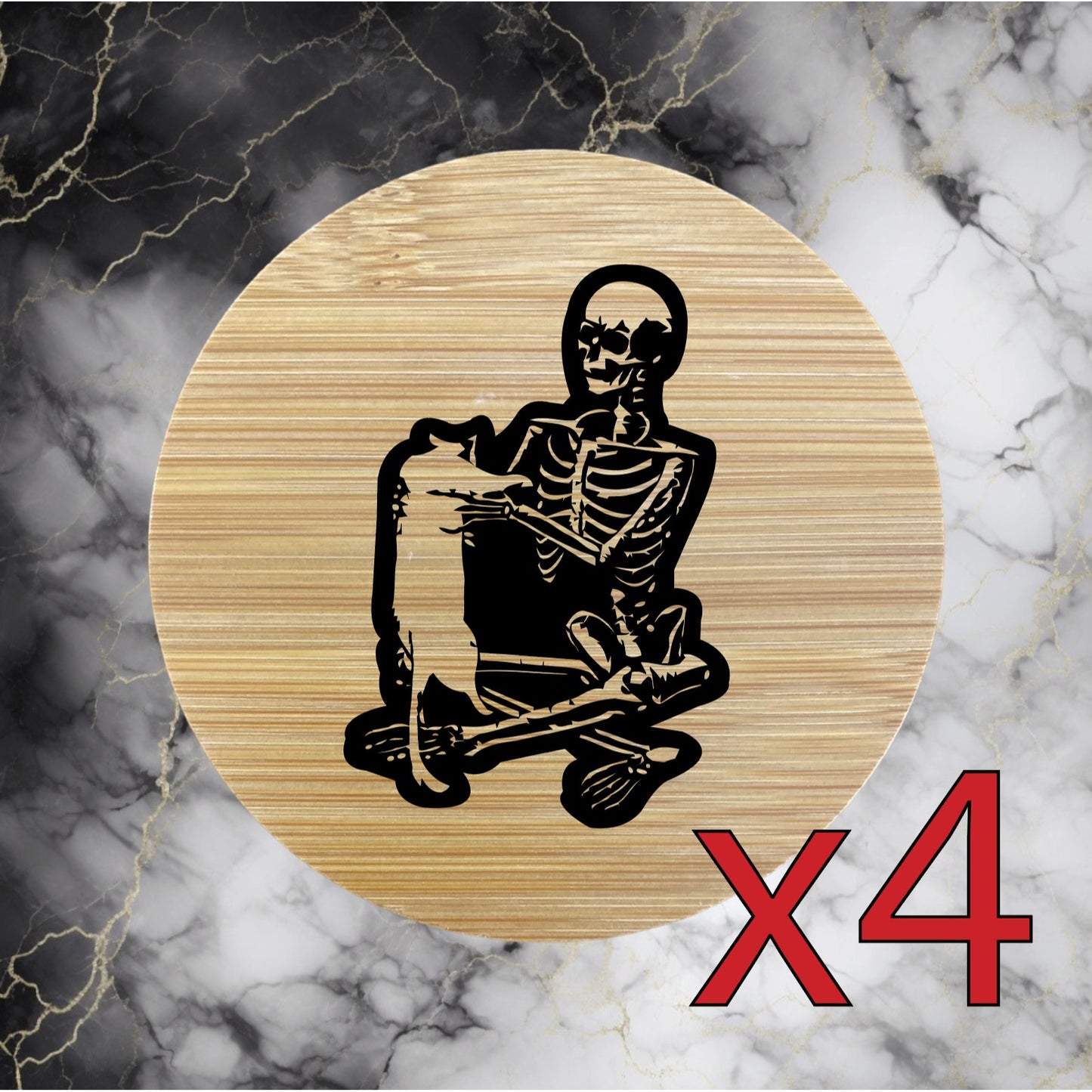 Skeleton Cat x4 Bamboo Coasters Drink Natural Wood Home Decor Lounge Bones NEW