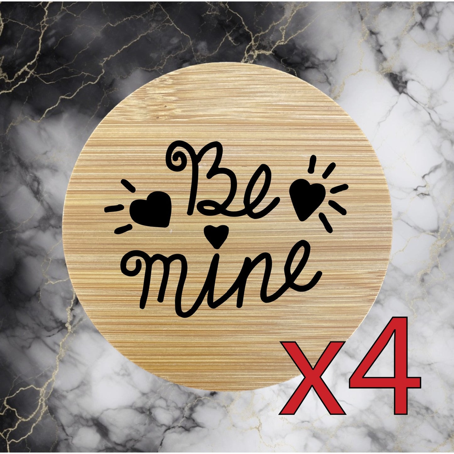 Be Mine x4 Bamboo Coasters Drink Natural Wood Home Decor Lounge Hearts Love NEW