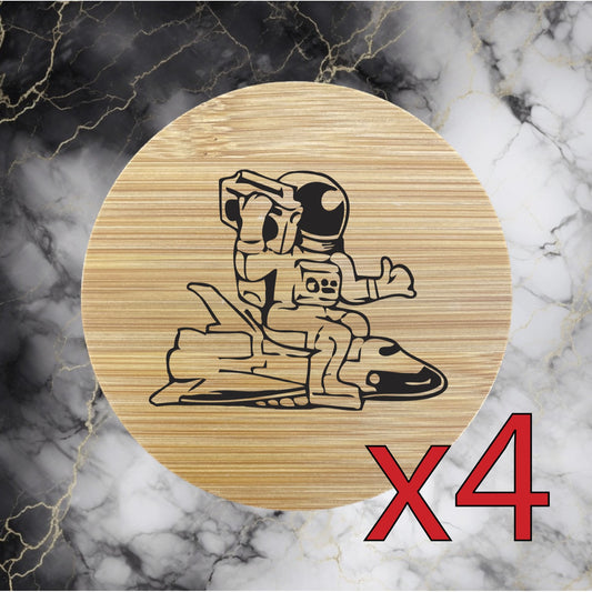 Astronaut Spaceship x4 Bamboo Coasters Drink Natural Wood Home Decor Lounge NEW