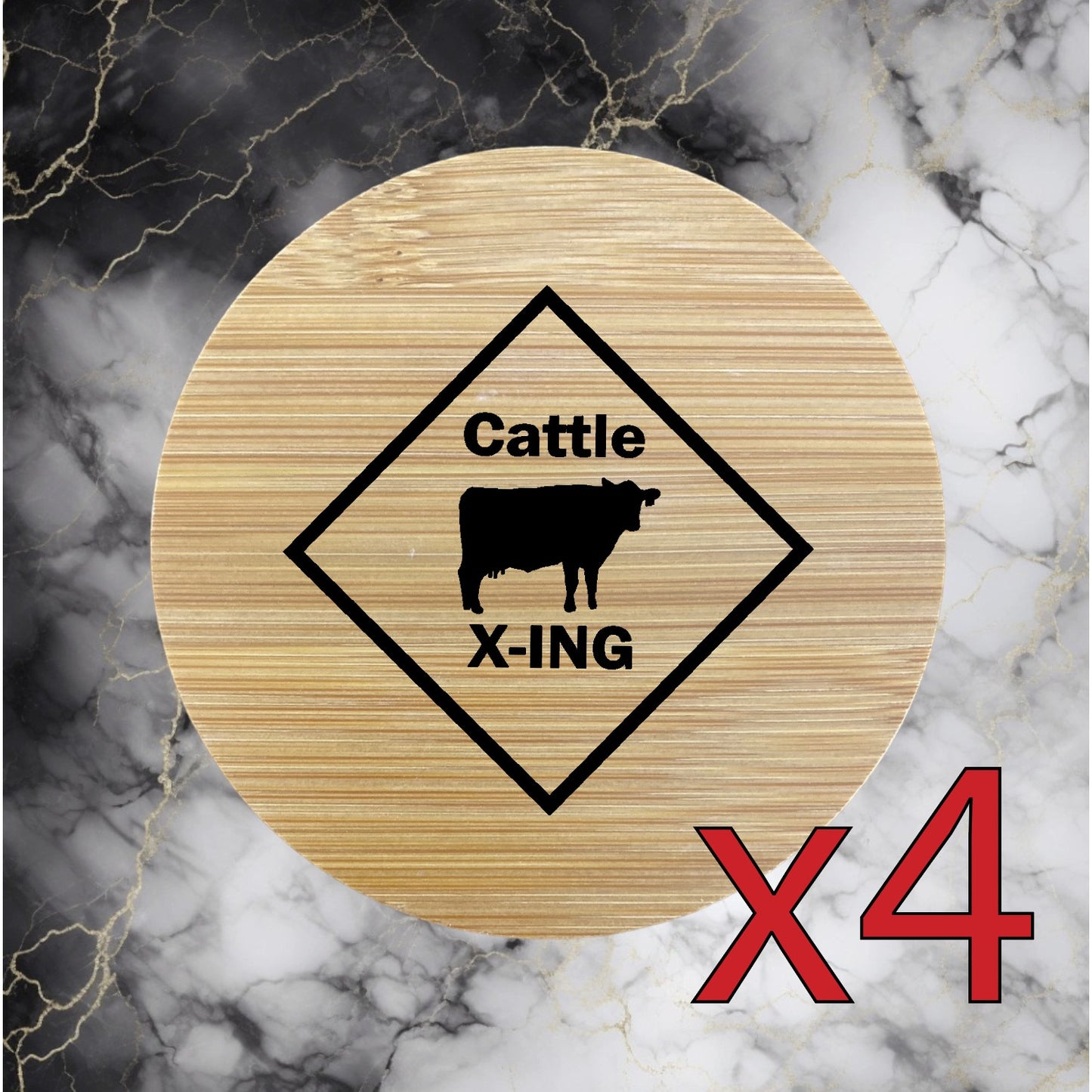 Cattle XING x4 Bamboo Coasters Drink Natural Wood Home Decor Lounge Farm NEW