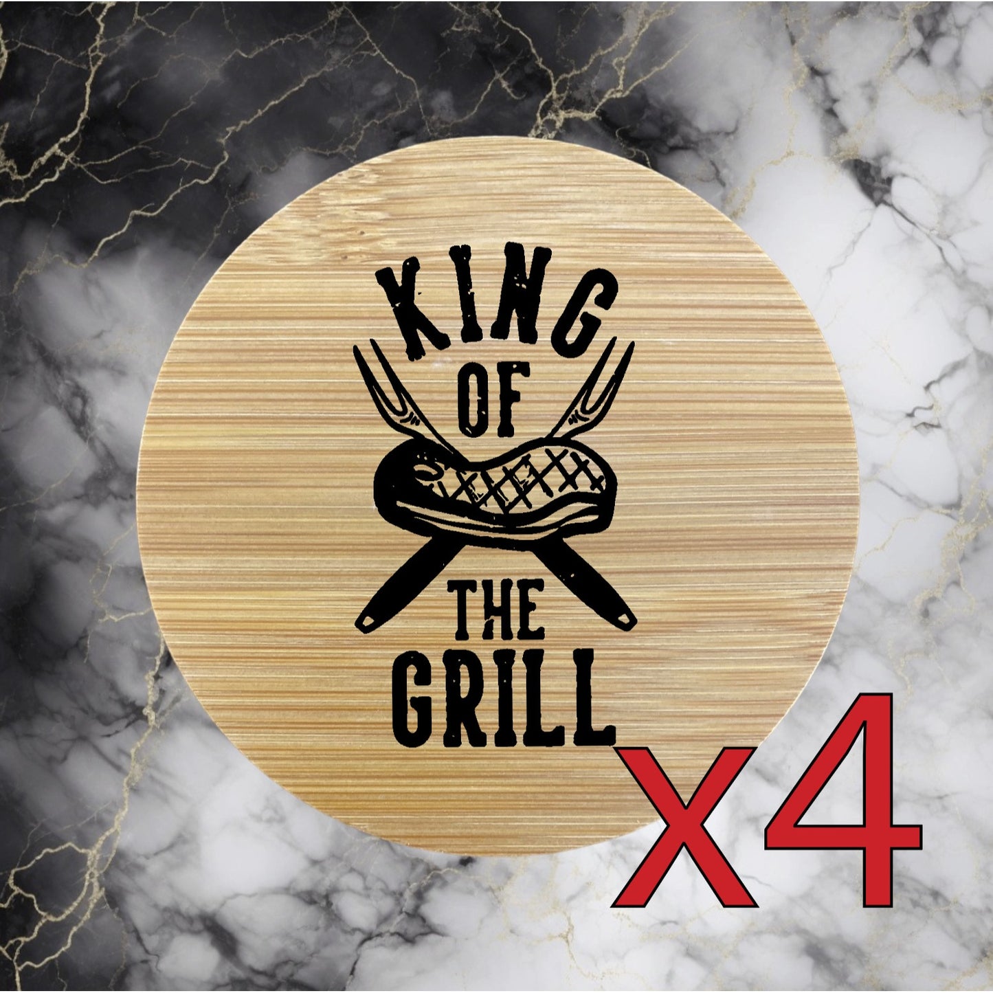 King of the Grill x4 Bamboo Coasters Drink Natural Wood Home Decor Lounge NEW