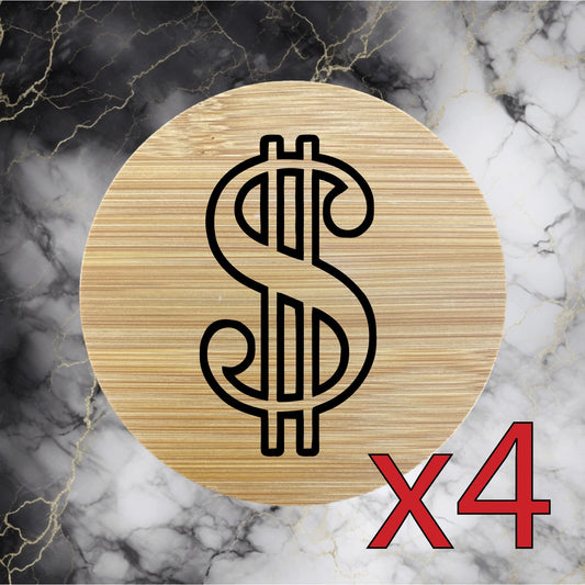 Dollar Sign x4 Bamboo Coasters Drink Natural Wood Home Decor Lounge Money NEW