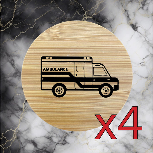 Ambulance x4 Bamboo Coasters Drink Natural Wood Home Decor Lounge Hospital NEW