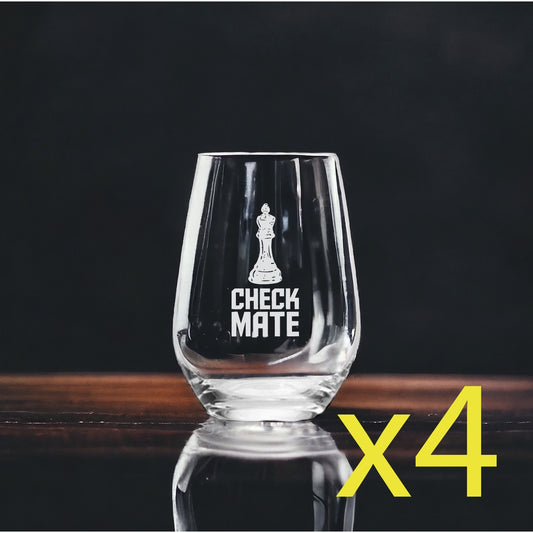 Check Mate Stemless Wine Glasses x4 Premium 15 Oz Personalize Chess Match NEW