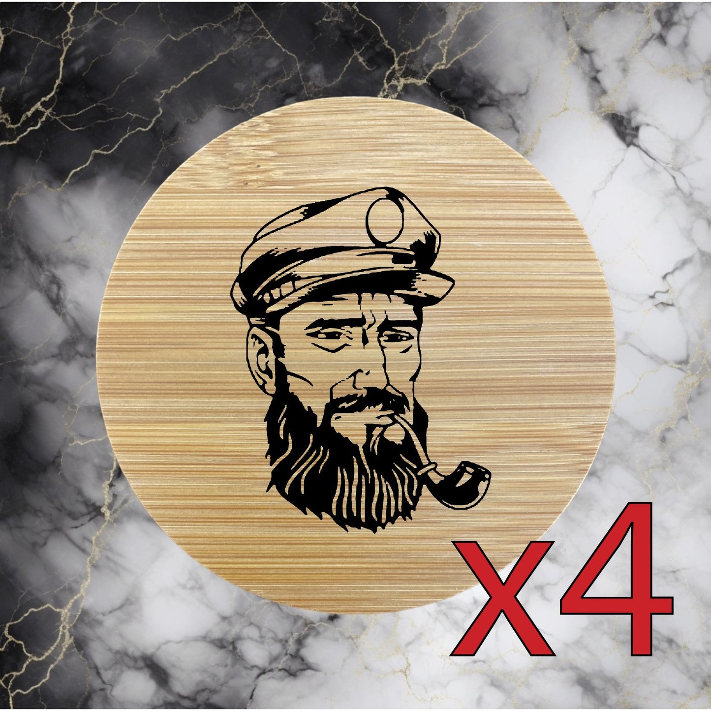 Captain x4 Bamboo Coasters Drink Natural Wood Home Decor Lounge Sailor Ocean NEW