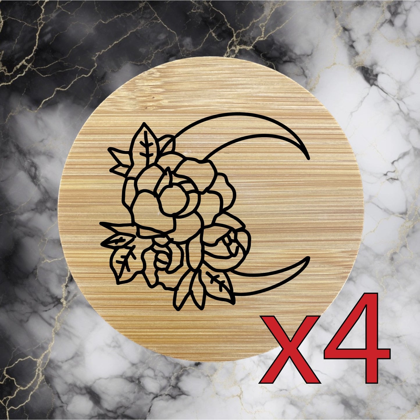 Moon Flower x4 Bamboo Coasters Drink Natural Wood Home Decor Lounge Galaxy NEW