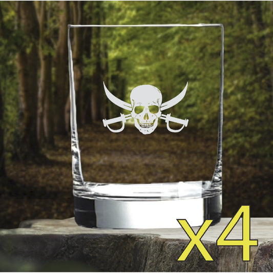 Skull Swords Whiskey Glasses x4 Double 14 Oz Premium Old Fashioned Pirate NEW