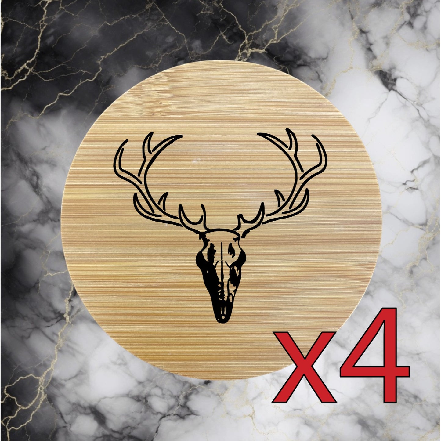 Buck Skull x4 Bamboo Coasters Drink Natural Wood Home Decor Lounge Deer NEW