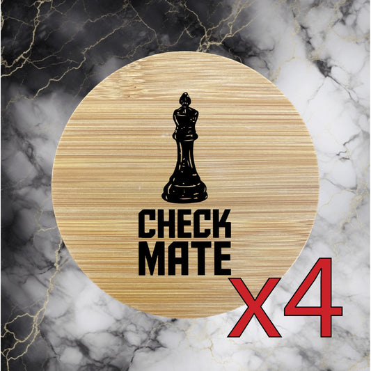 Check Mate x4 Bamboo Coasters Drink Natural Wood Home Decor Lounge Chess NEW