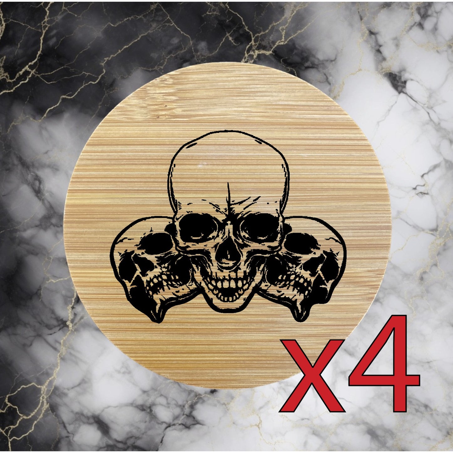 Skulls x4 Bamboo Coasters Drink Natural Wood Home Decor Lounge Hardcore NEW