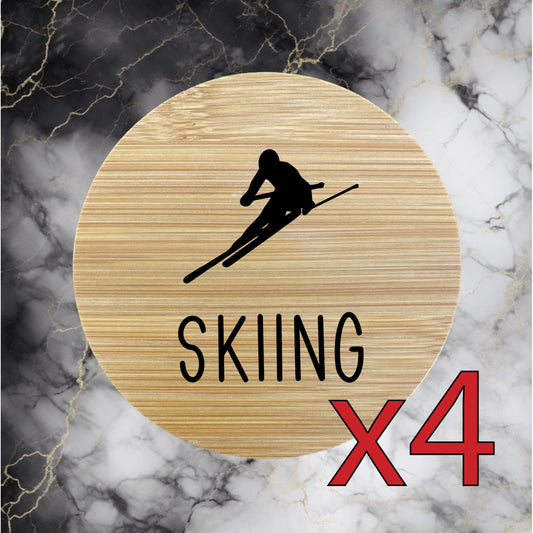 Skiing x4 Bamboo Coasters Drink Natural Wood Home Decor Lounge Winter Snow NEW