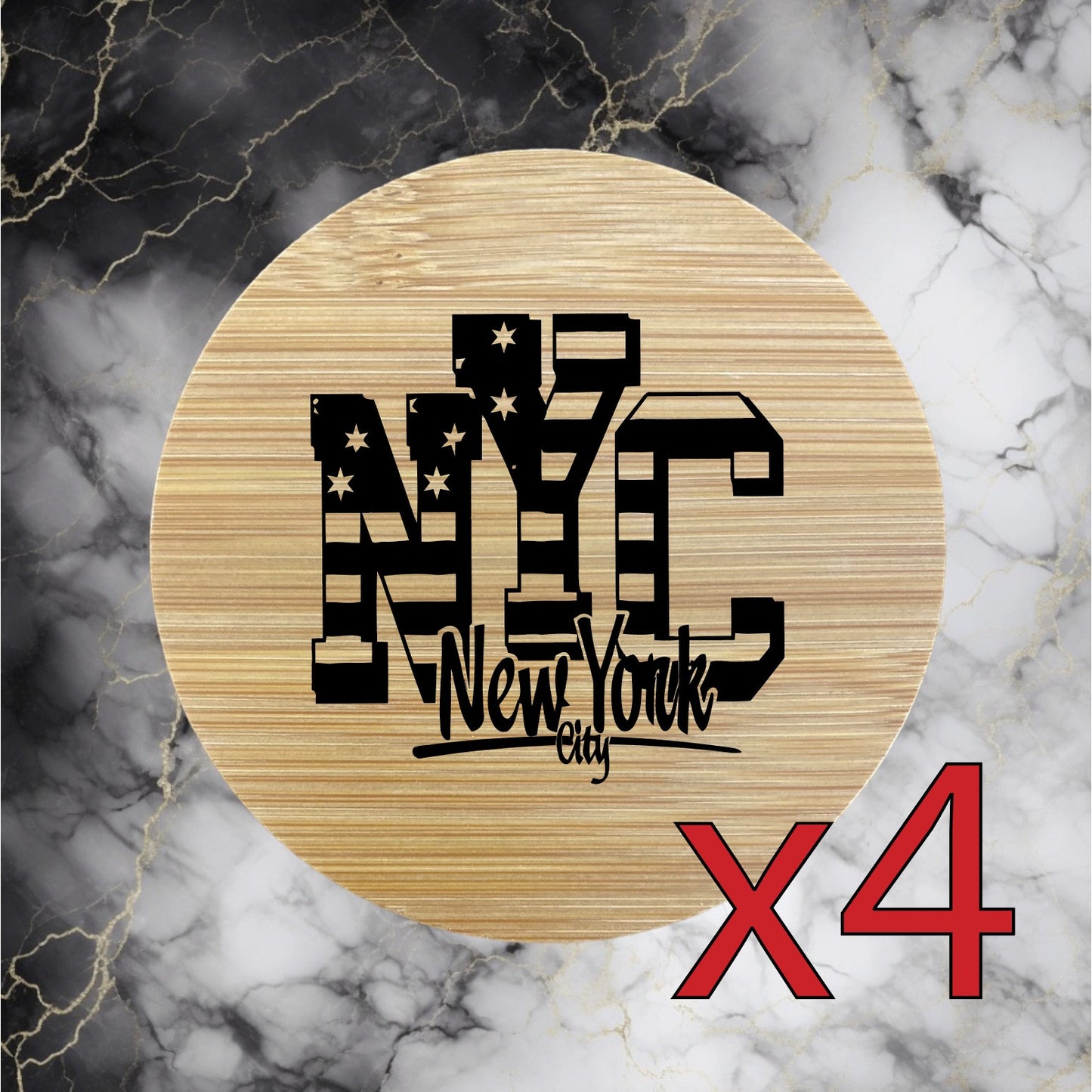 NYC USA x4 Bamboo Coasters Drink Natural Wood Home Decor Lounge City Flag NEW