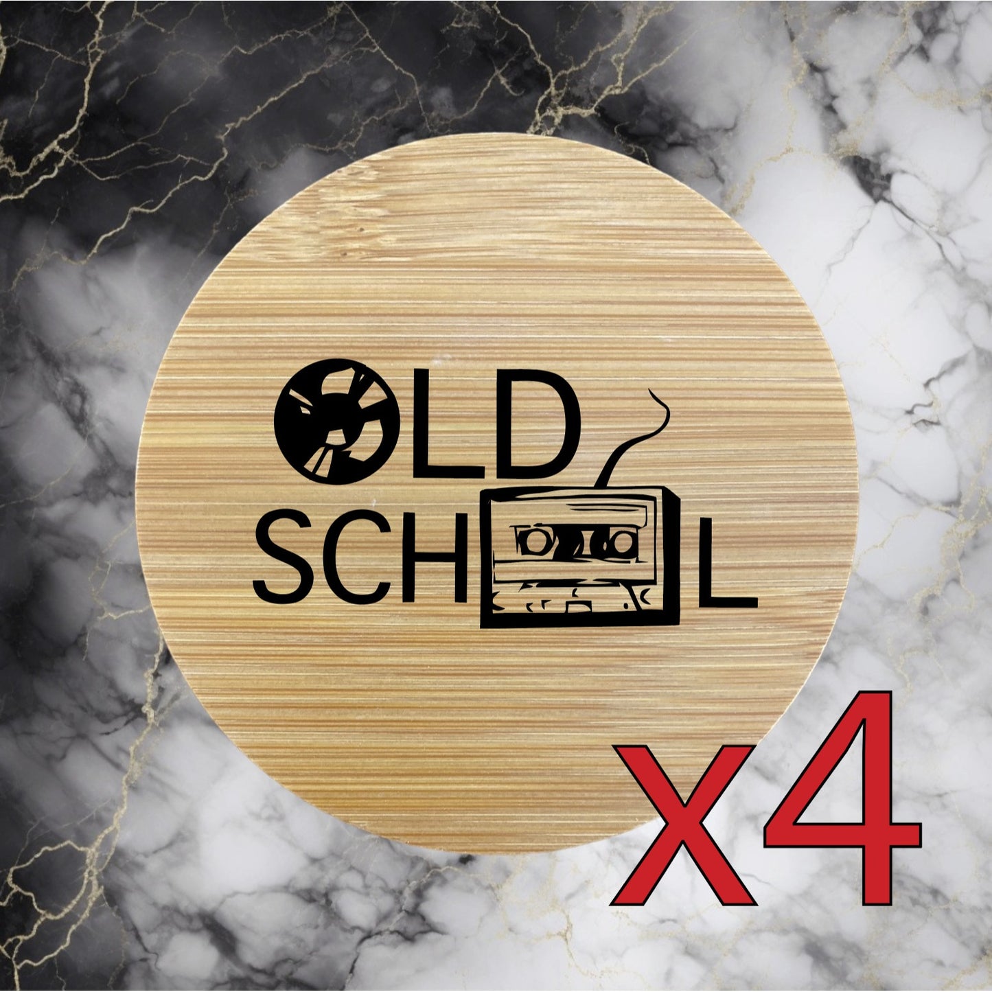 Old School x4 Bamboo Coasters Drink Natural Wood Home Decor Lounge Music NEW