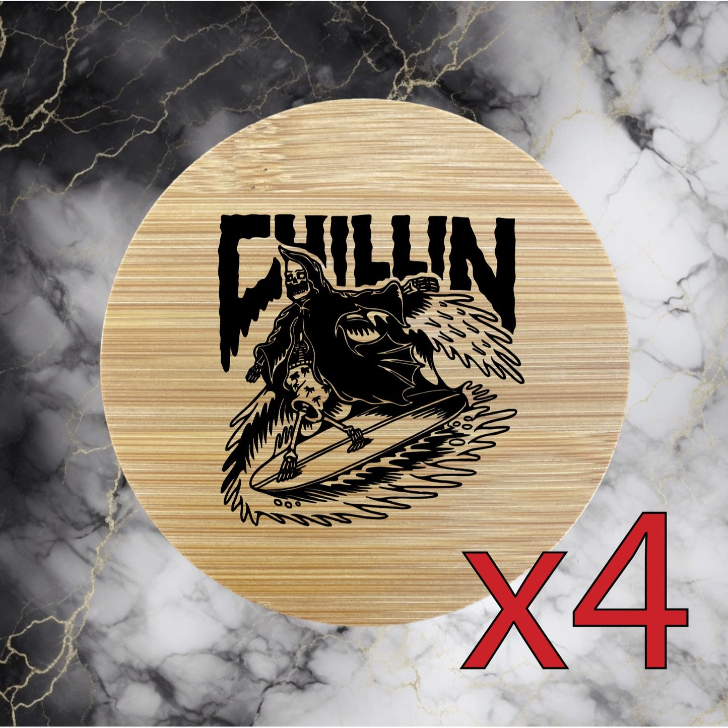 Grim Reaper x4 Bamboo Coasters Drink Natural Wood Home Decor Lounge Surf NEW