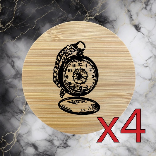 Pocket Watch x4 Bamboo Coasters Drink Natural Wood Home Decor Retro Vintage NEW