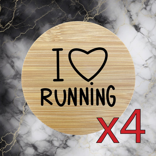 I Heart Running x4 Bamboo Coasters Drink Natural Wood Home Decor Lounge Gym NEW