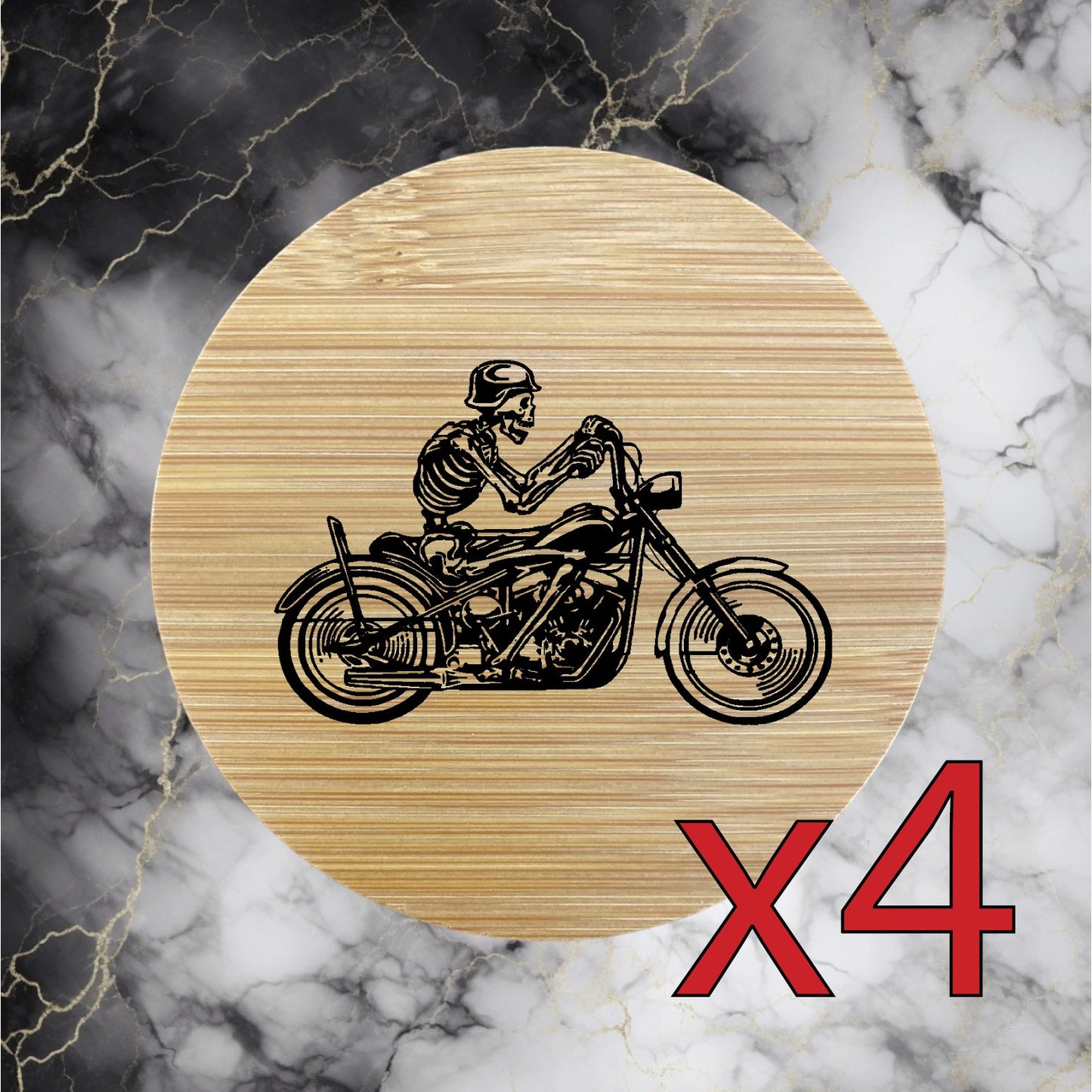 Skeleton Biker x4 Bamboo Coasters Drink Natural Wood Home Decor Lounge Bones NEW