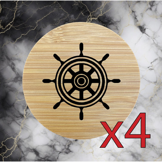 Ship Wheel x4 Bamboo Coasters Drink Natural Wood Home Decor Lounge Nautical NEW