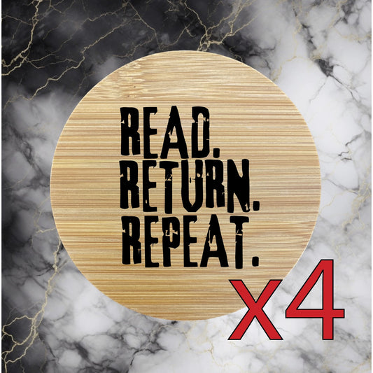 Read Return Repeat x4 Bamboo Coasters Drink Natural Wood Home Decor Lounge NEW