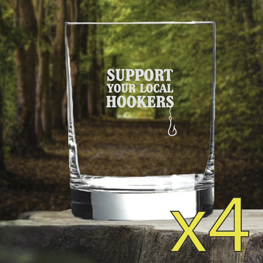 Local Hookers Whiskey Glasses x4 Double 14 Oz Premium Old Fashioned Fishing NEW