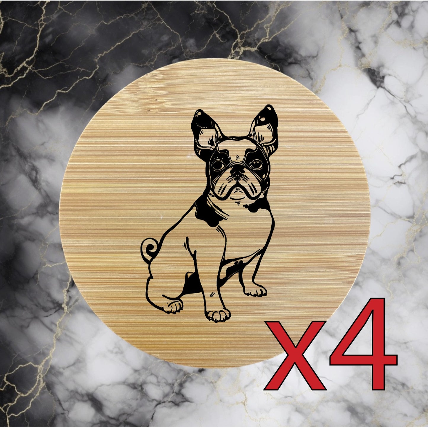 French Bulldog x4 Bamboo Coasters Drink Natural Wood Home Decor Lounge Pet NEW