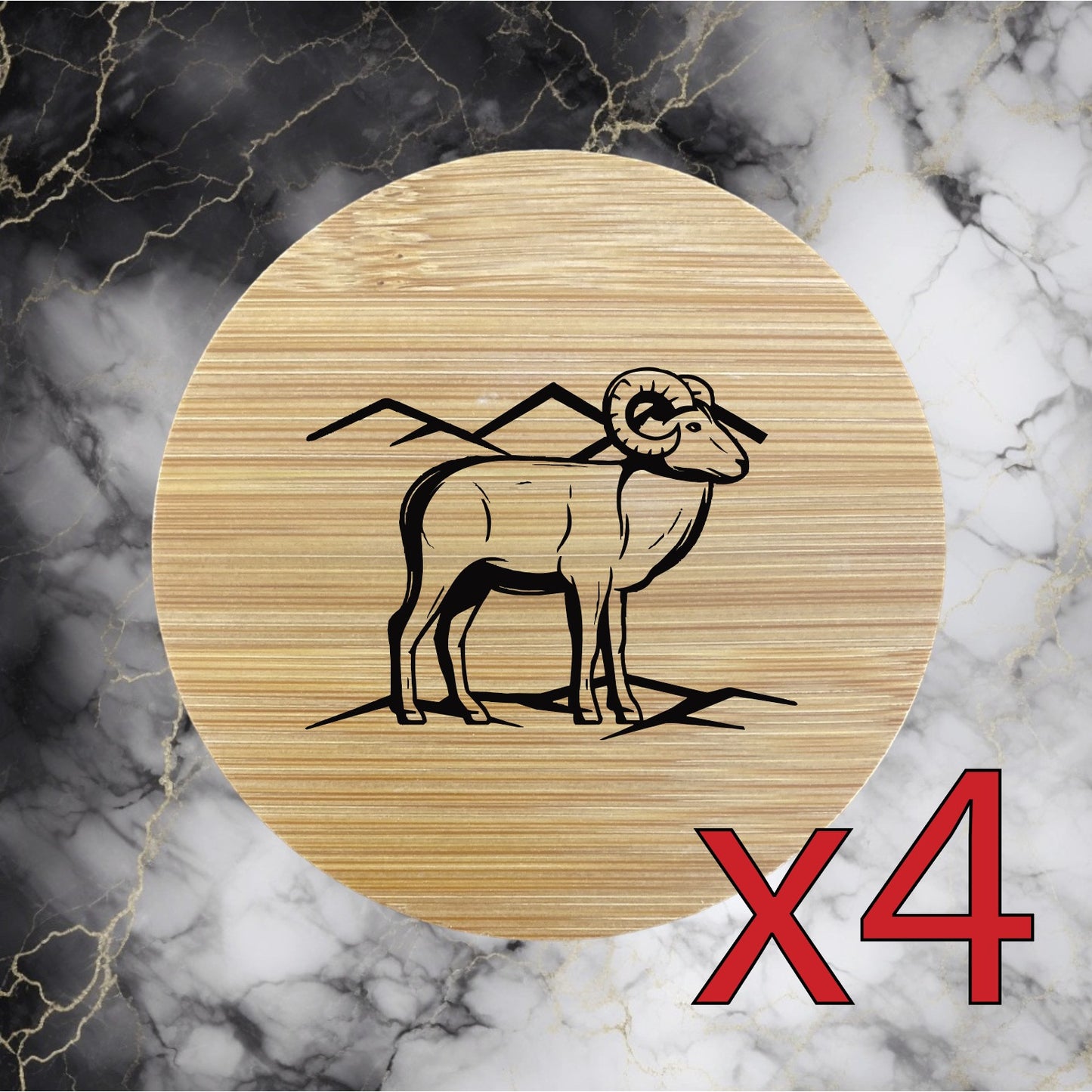 Bighorn Sheep x4 Bamboo Coasters Drink Natural Wood Home Decor Lounge Ram NEW