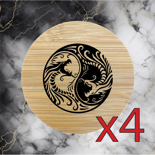 Dragon Yin Yang x4 Bamboo Coasters Drink Natural Wood Home Decor Lounge NEW