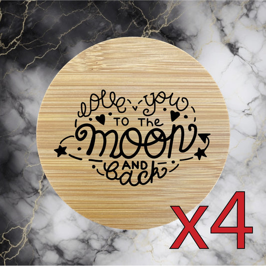 I Love You x4 Bamboo Coasters Drink Natural Wood Home Decor Lounge Moon NEW