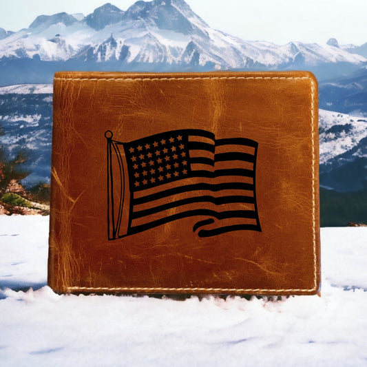 American Flag Leather Wallet Bifold Premium Quality Buffalo USA Waving Pole NEW