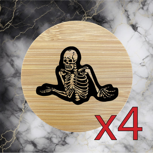 Skeleton x4 Bamboo Coasters Drink Natural Wood Home Decor Lounge Shrug Bones NEW