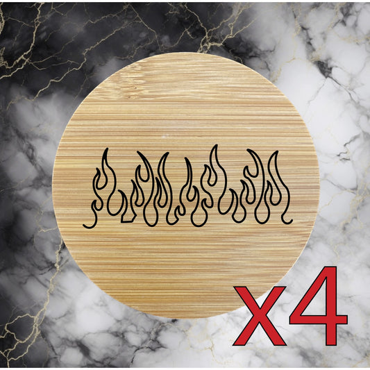 Fire x4 Bamboo Coasters Drink Natural Wood Home Decor Lounge Flames Heat NEW