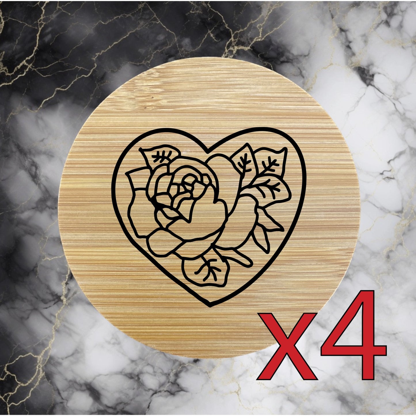 Heart Rose x4 Bamboo Coasters Drink Natural Wood Home Decor Lounge Flower NEW