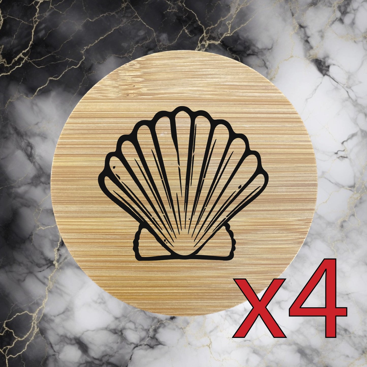 Shell x4 Bamboo Coasters Drink Natural Wood Home Decor Lounge Beach Ocean NEW