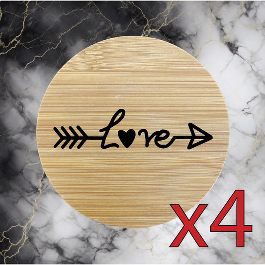 Love Arrow x4 Bamboo Coasters Drink Natural Wood Home Decor Lounge Heart NEW